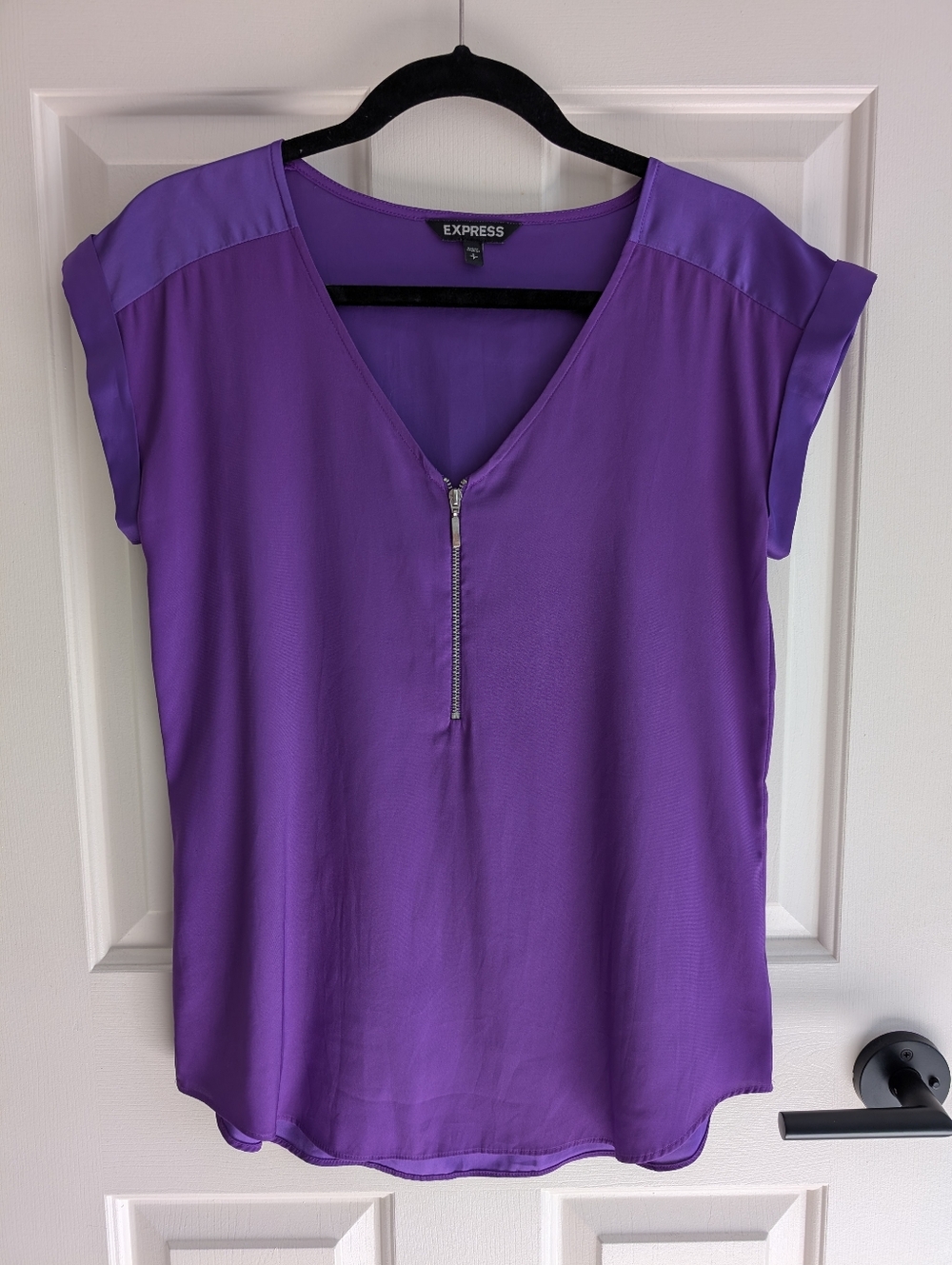 Express Short Sleeve Zip Front Blouse, Purple, Size small